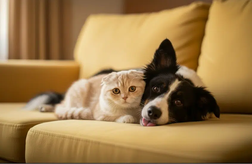 Border collie perro y gato escocés juntos en el sofa de una casa Seguro de mascotas