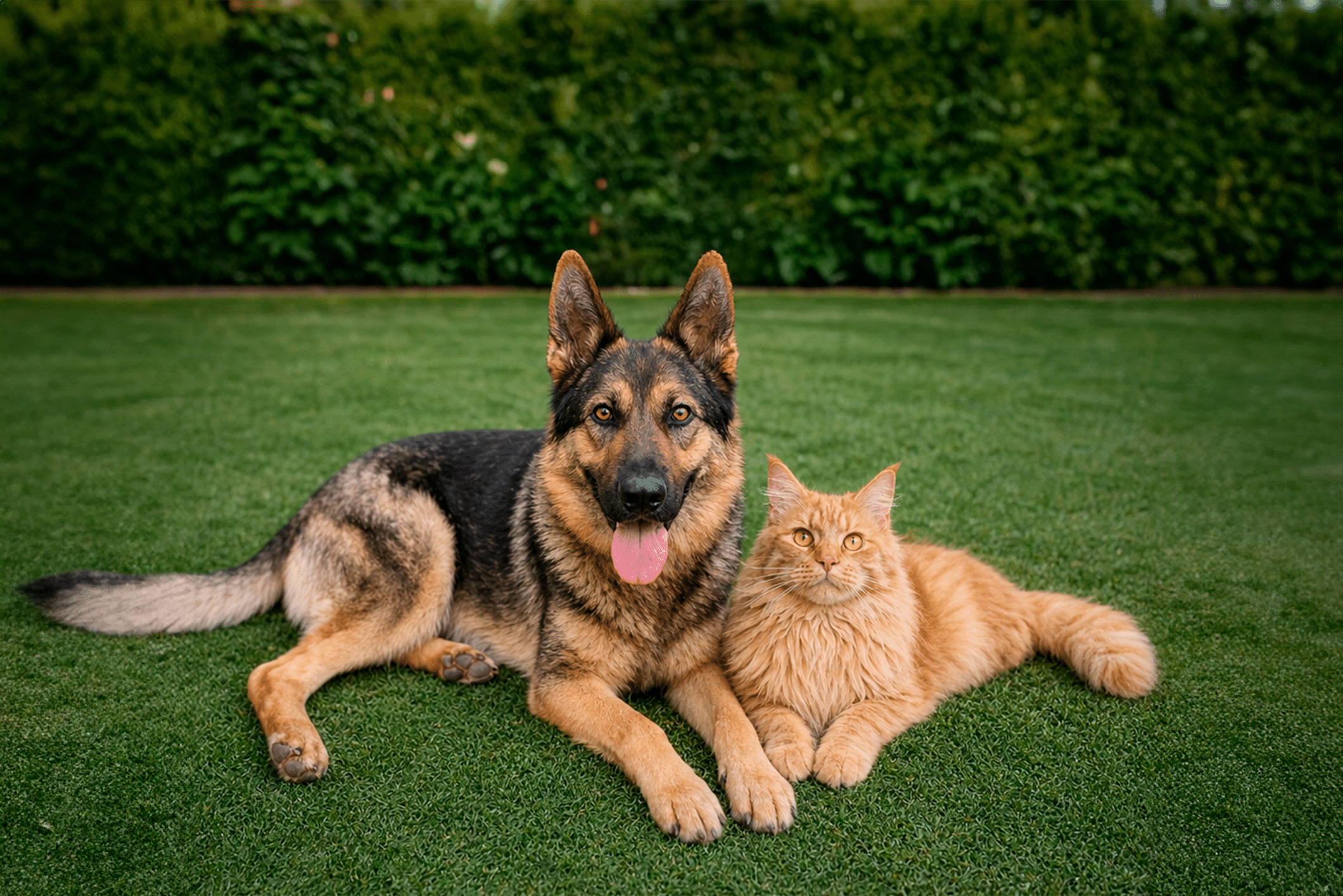Perro y gato Perro de raza Pastor Aléman y gato de raza Maine Coon
