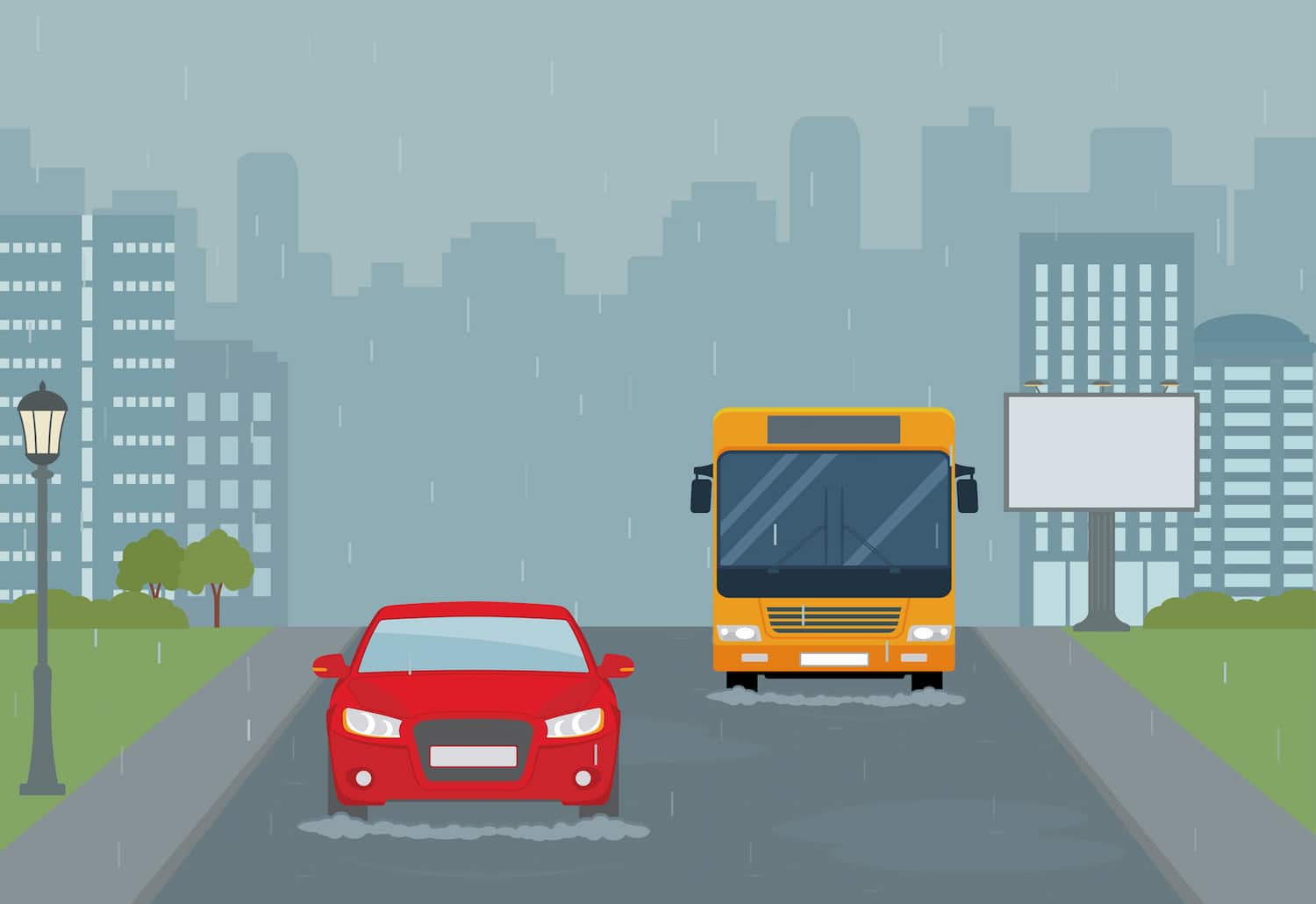 Ilustración de una carretera mojada por la que circula un coche y un autobús