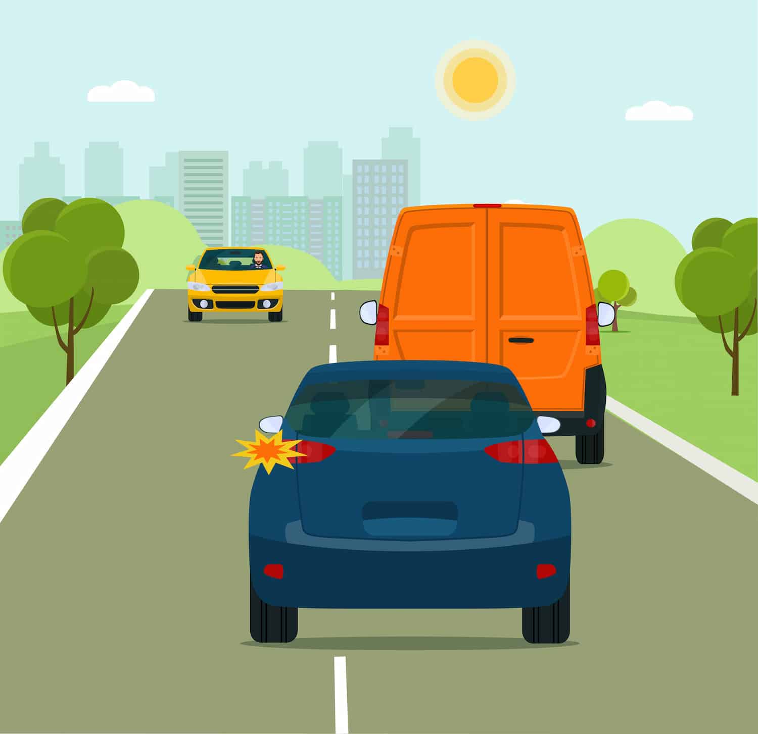 Ilustración de una carretera, donde un coche trata de adelantar a otro