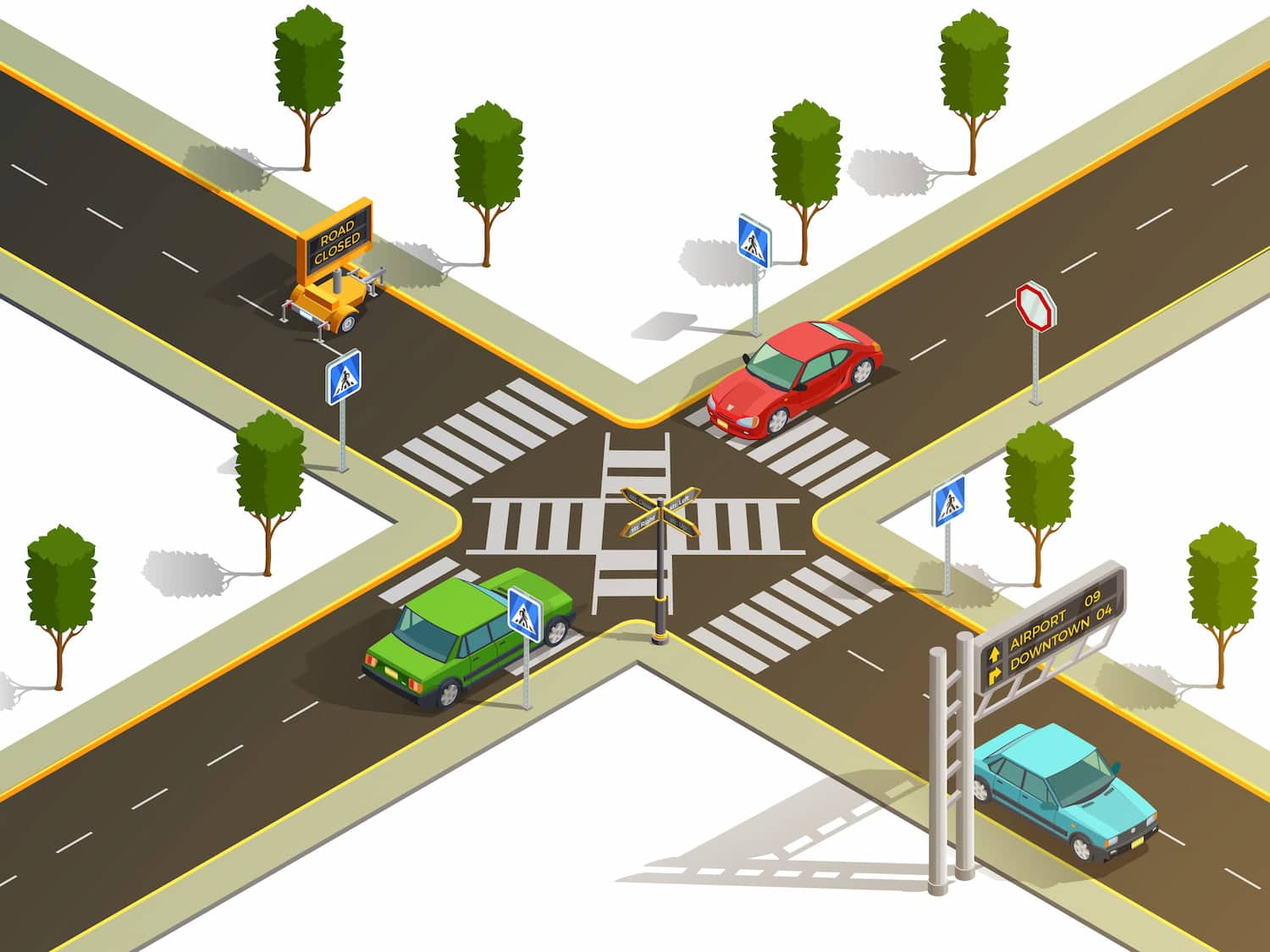 Ilustración de un cruce de carreteras con varios vehículos de colores