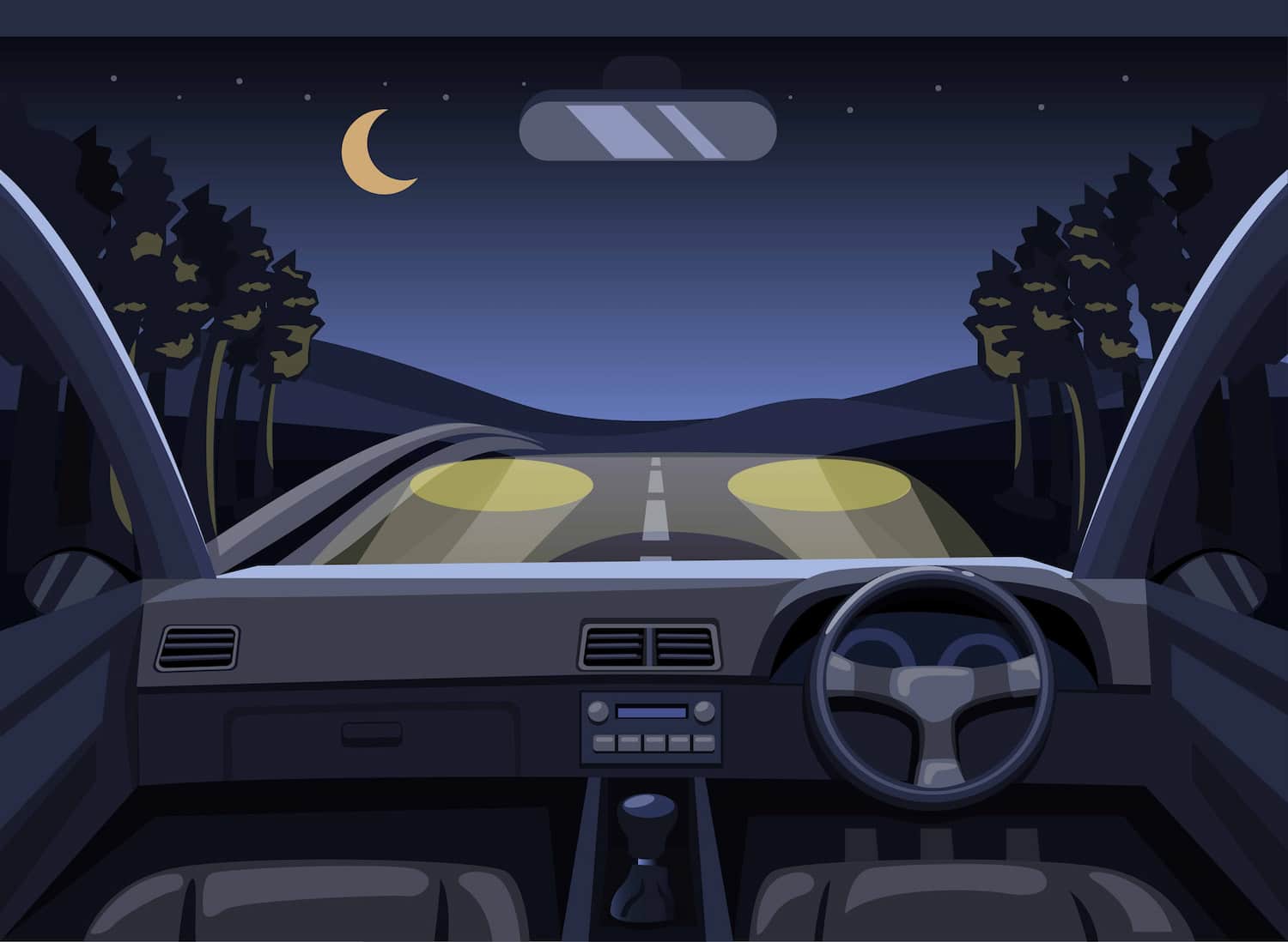 Ilustración de el interior de un coche que circula por la noche