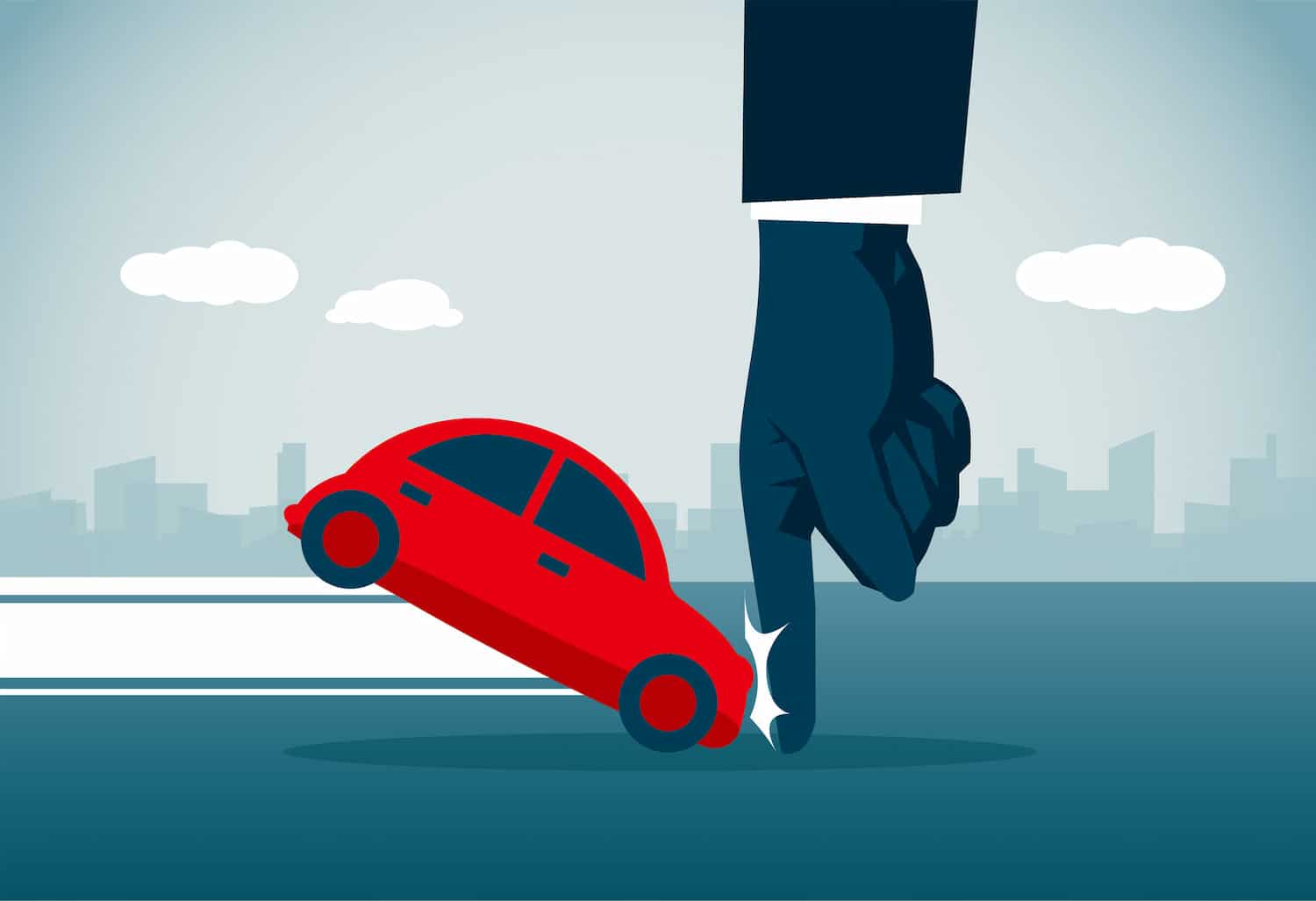 Ilustración de un coche rojo detenido por una mano, simulando un frenazo