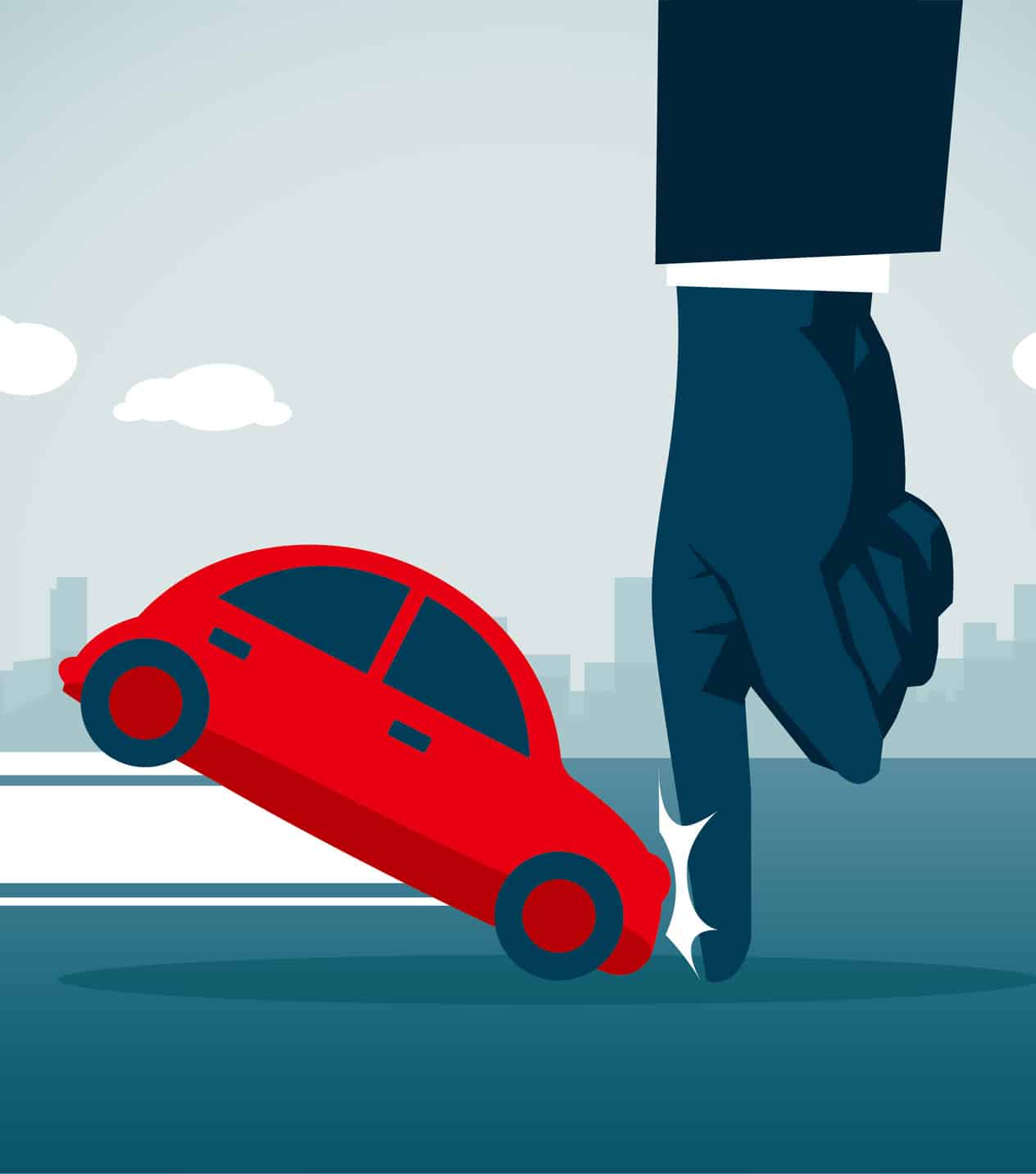 Ilustración de un coche rojo detenido por una mano, simulando un frenazo