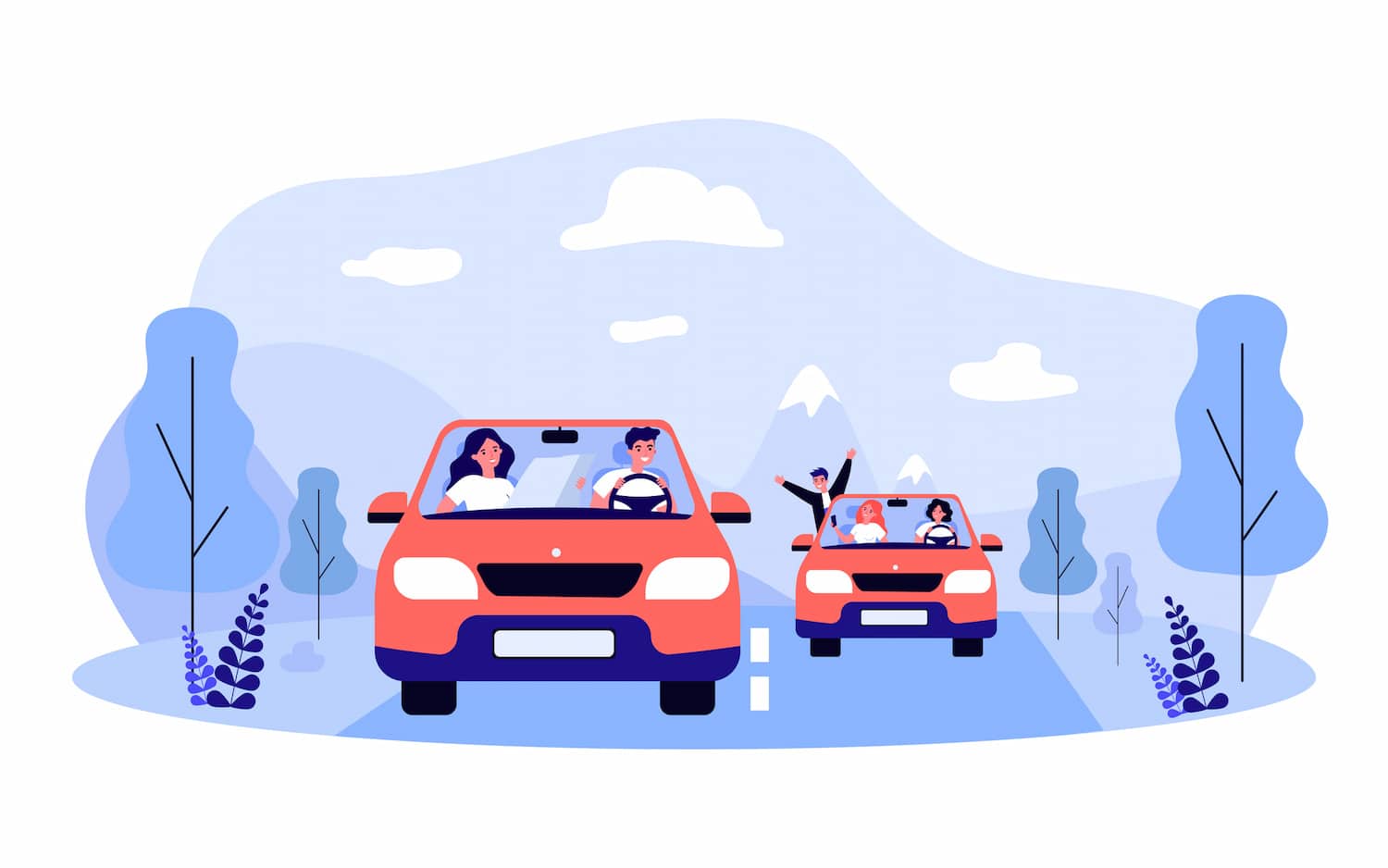 Ilustración en lila con dos coches circulando por la carretera