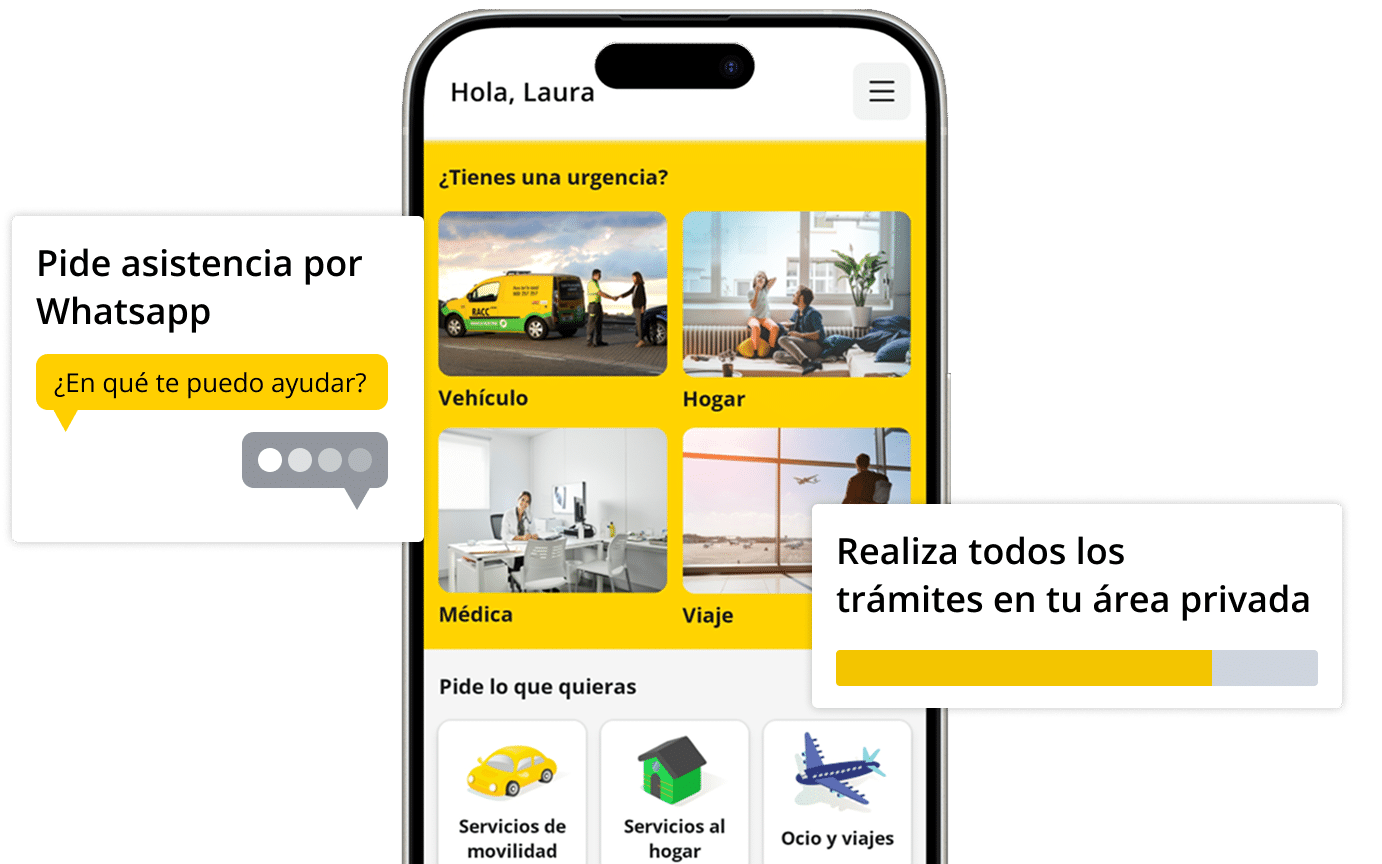 Pantalla de móvil mostrando la pantalla principal de la app del RACC y algunas de sus funcionalidades