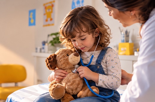 Niña jugando a ser médica mientras escucha con un estetoscopio a su peluche, acompañada por una profesional sanitaria.